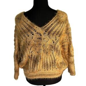 Cellabie Golden Yellow Loose Knit Cropped Sweater One Size